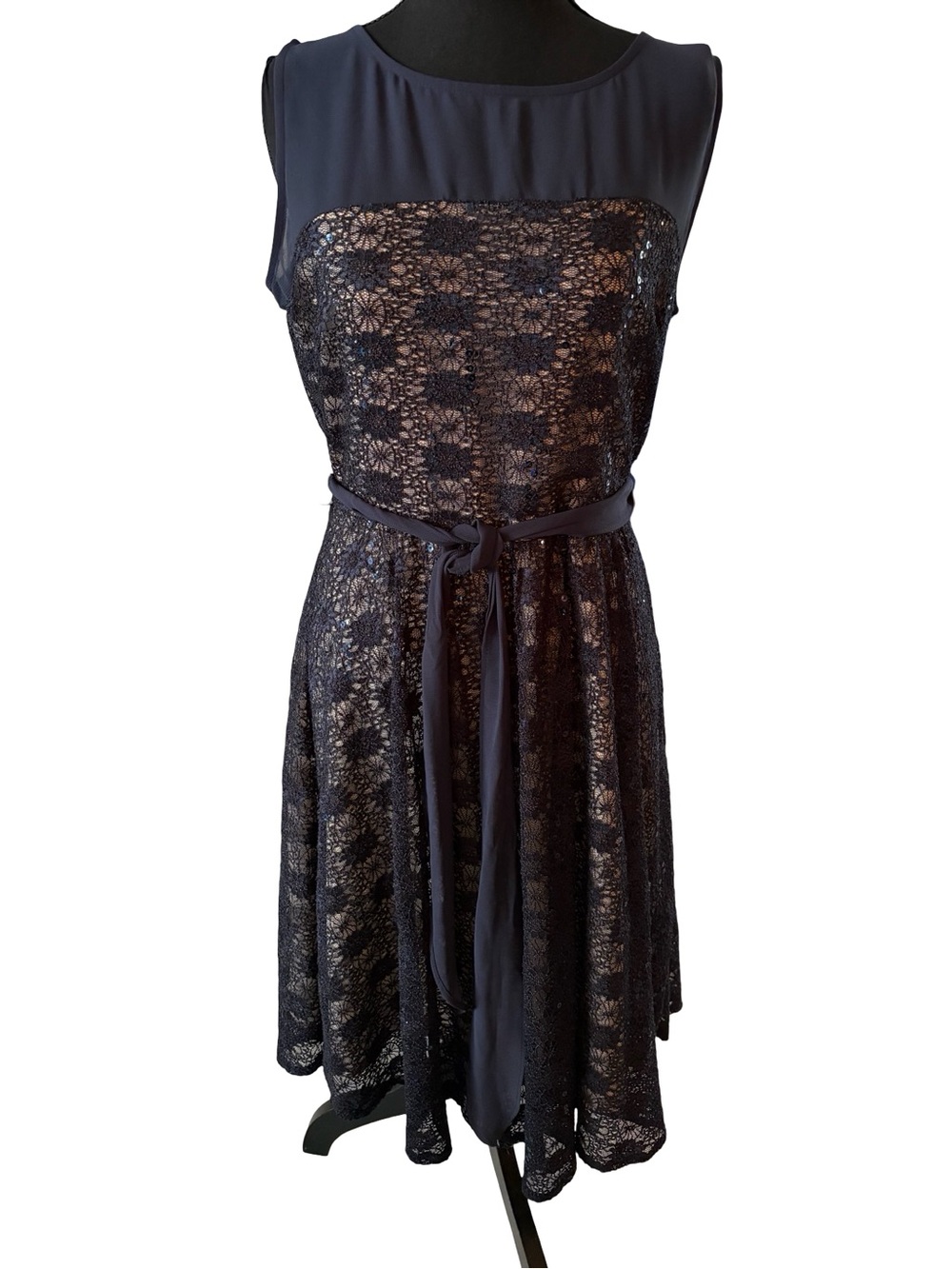 Navy Lace Midi Dress with Waist Sash